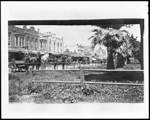 Horse-drawn buggies parked along Sacramento Street in Lodi, ca.1905