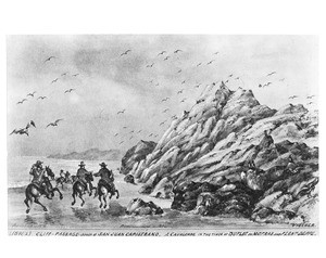 Drawing by Edward Vischer depicting horsemen making their way around a cliff passage south of San Juan Capistrano, ca.1842-1876