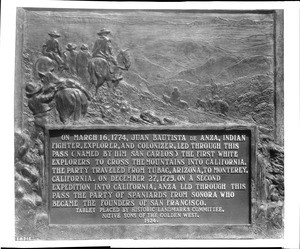 Marker on the De Anza monument in the San Carlos Pass, ca.1937