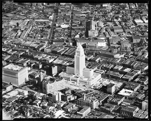 Aerial view of Los Angeles, showing the then new City Hall looking northeast, ca.1927