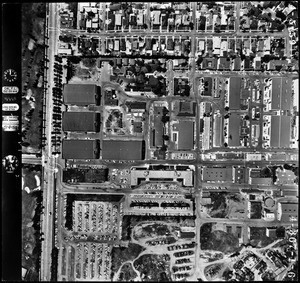 Aerial view of Century City showing houses and parking lots, May 4, 1959