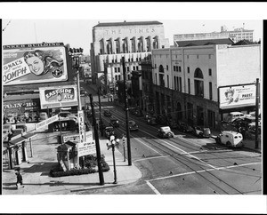 Birdseye view of the intersection of First Street and Hill Street in Los Angeles