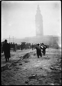 Exterior view of the Ferry Building, showing earthquake damage, San Francisco, 1906