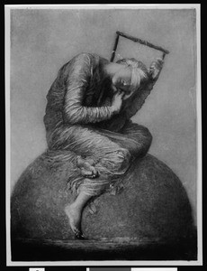 The painting "Hope" by Watts, depicting a blindfolded minstrel seated on a hemisphere