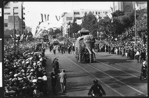 Elephant float in the Pasadena Tournament of Roses Parade on Colorado Avenue, 1926