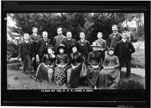 Class portrait of class of 1892 at University of Southern California, June 5, 1889