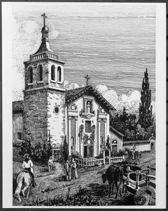 Drawing by Ferdinand Perret depicting the Mission Santa Clara, 1935