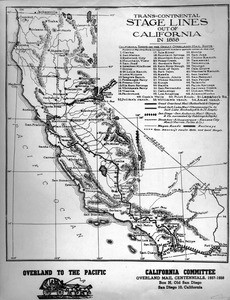 Map of California showing the trans-continental stage lines that existed in 1858, with a list of California towns on the Great Overland Mail Route