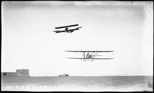 Aviators Farnum Fish and Lincoln Beachey in flight at the Dominguez Hills Air Meet, 1912