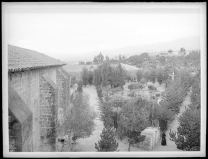 Mission Santa Barbara, showing cemetery from church tower California, 1898