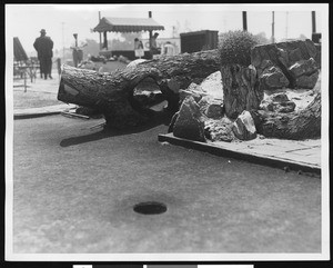 A close-up view of a miniature golf hole, ca.1930