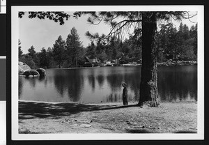 Person looking out at Bartlett's Cedar Lake, ca.1950