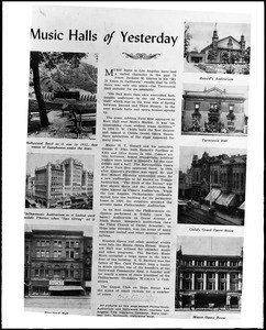 Page from a magazine article entitled "Music Halls of Yesterday" with photos from the Los Angeles Title Insurance Company, ca.1925