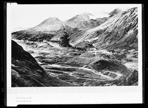 "The Loop" on the Alaska Railroad, showing large glaciers in the background, 1935
