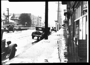 View of a snow-covered Pico Boulevard east from Union Avenue in Los Angeles, January 9, 1930