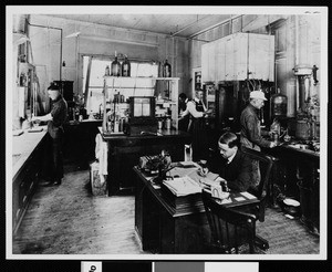 Head chemist Harvey Bennet in the Los Angeles Soap Company chemistry laboratory, 1887