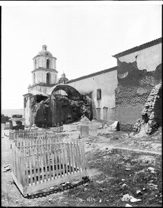 View of the cemetery and mortuary chapel at Mission San Luis Rey de Francia, San Luis Rey, 1885