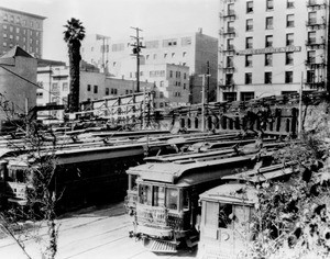 Parked streetcars at the Pacific Electric Hill Street Station, 1925