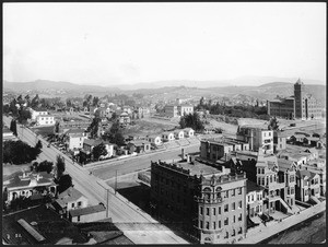 Bird's eye view of downtown Los Angeles, north from Courthouse, west on Temple Street