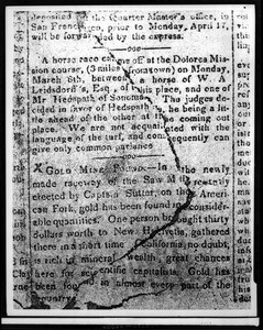 Newspaper clipping in which the first notice of James Marshall's gold find, Coloma, ca.1930