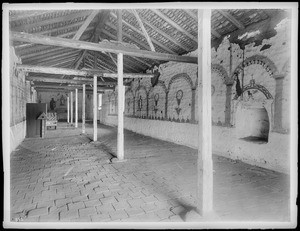 Interior of Mission Asistencia of San Antonio at Pala, showing Indian decorations, ca.1898