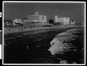 Exterior view of the Grand Hotel on Santa Monica Beach, ca.1950