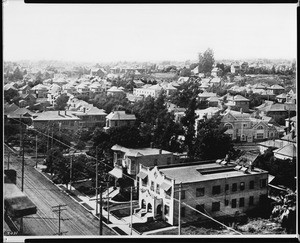 Birdseye view of Los Angeles from West Ninth Street looking northwest from Figueroa Street, ca.1906