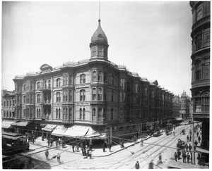 Exterior of the Hollenbeck Hotel on the corner of Spring Street and Second Street, Los Angeles, ca.1900-1905