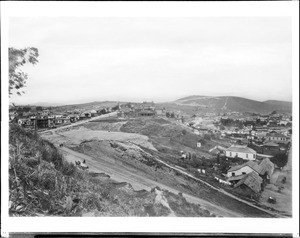 Birdseye view of Sunset Boulevard and the Robinson residence looking north from Fort Hill, Los Angeles, ca.1886