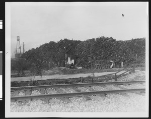 Heap of iron and steel junk near railroad tracks, ca.1925