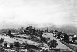 The drawing "Aus Dem Oberen Stradtheel Don L.A." depicting upper Hill Street in Los Angeles, ca.1870