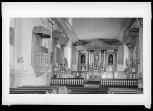 Mission San Buenaventura, California. Interior showing pulpit and altar, ca.1888