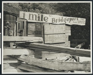 Signs at Bridgeport in Amador County, ca.1930