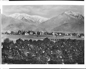 View of Claremont with several mountains, including Mount San Antonio, in the background, ca.1907