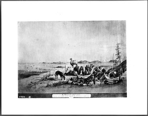 Drawing by Vischer of a campsite with camels above the Carson Plains, Nevada, ca.1860-1865