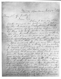 First and second page of a letter written on February 26, 1888, by Henry Chapman Ford to General M. G. Vallejo regarding mission pictures and drawings by Edward Vischer