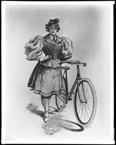 Print (from a woodcut?) of a woman wearing her 1905 bicycling outfit standing next to her bicycle, 1905