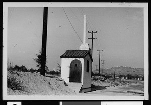 Exterior view of a Department of Public Works sewer ventilation station on Fletcher Drive, erected by the Sewer Maintenance Division