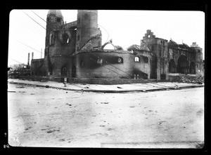 Exterior view of the Saint John Evangelist Episcopal Church on Fifteenth Street and Julian, showing earthquake damage, San Francisco, 1906