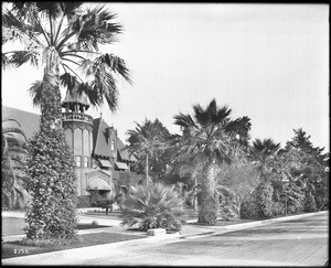 View of palm trees in front of the E.L. Doheny residence on Chester Place, Los Angeles, ca.1910