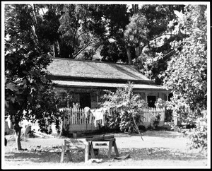 Exterior view of the Arroyo Hondo adobe on the Old Ortega Rancho north of Santa Barbara, 1937