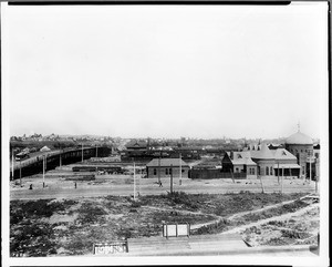 Exterior view of the Atchison Topeka & Santa Fe La Grande Station, showing the First Street Viaduct, Los Angeles, ca.1895