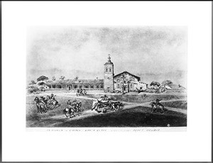 Drawing by Edward Vischer depicting a holiday gathering of rancheros at the Mission Santa Clara, 1842-1846