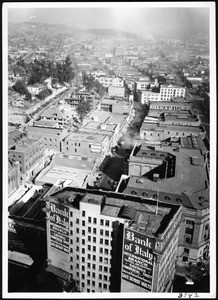 Birdseye view of Spring Street featuring the Bank of Italy, looking north, ca.1931