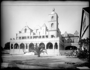 Mission San Gabriel from the front showing the priest's residence, 1908