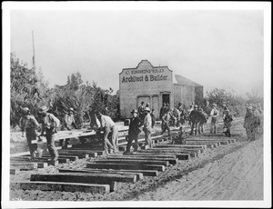 Work crews building the Los Angeles and San Gabriel Valley Railroad, South Pasadena, ca.1885