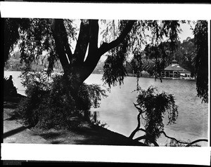View of the Echo Park Lake, showing a lake house through thick tree foliage, 1924