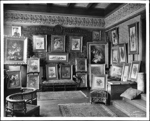 Interior view of an art studio in the Paul deLongpre residence on Hollywood Boulevard & Cahuenga Avenue, Hollywood, ca.1905