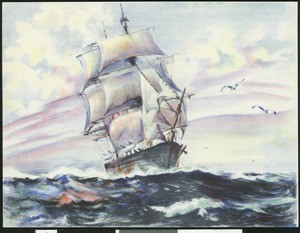 Color painting of a sailing ship on sea, showing seagulls in foreground, ca.1700