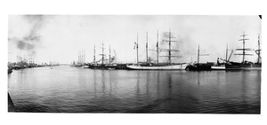 Panoramic view of the San Pedro Harbor, showing docked ships, ca.1905